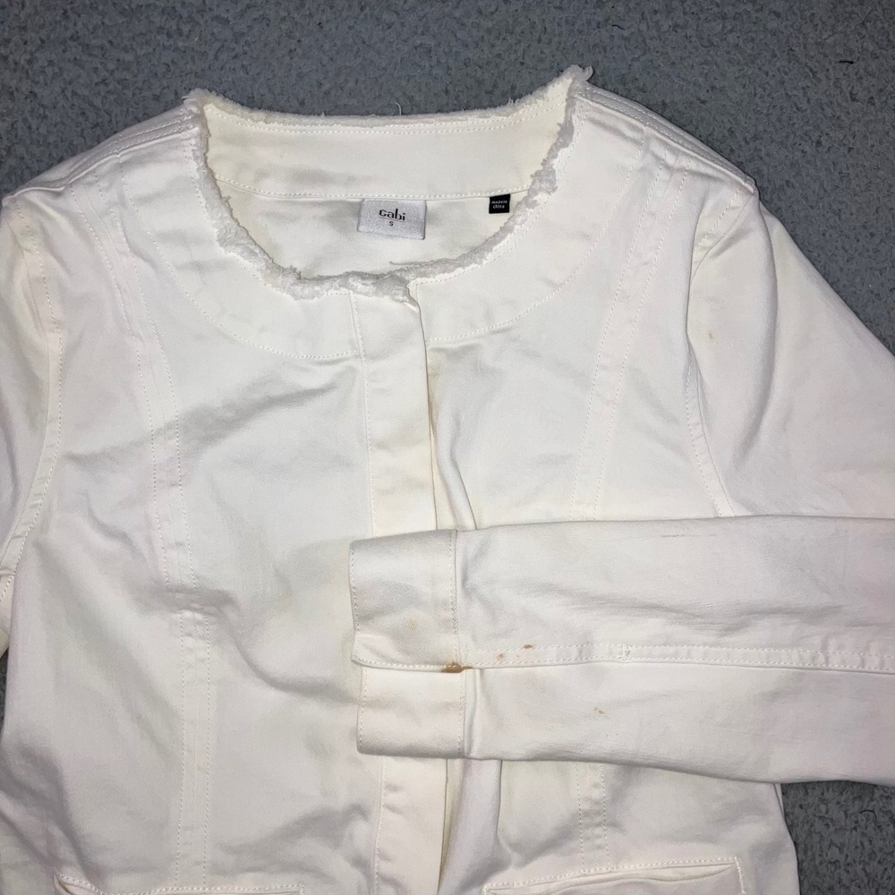 Cabi Collarless Castaway Jean Jacket Women S White Button Front Stretch Flaw